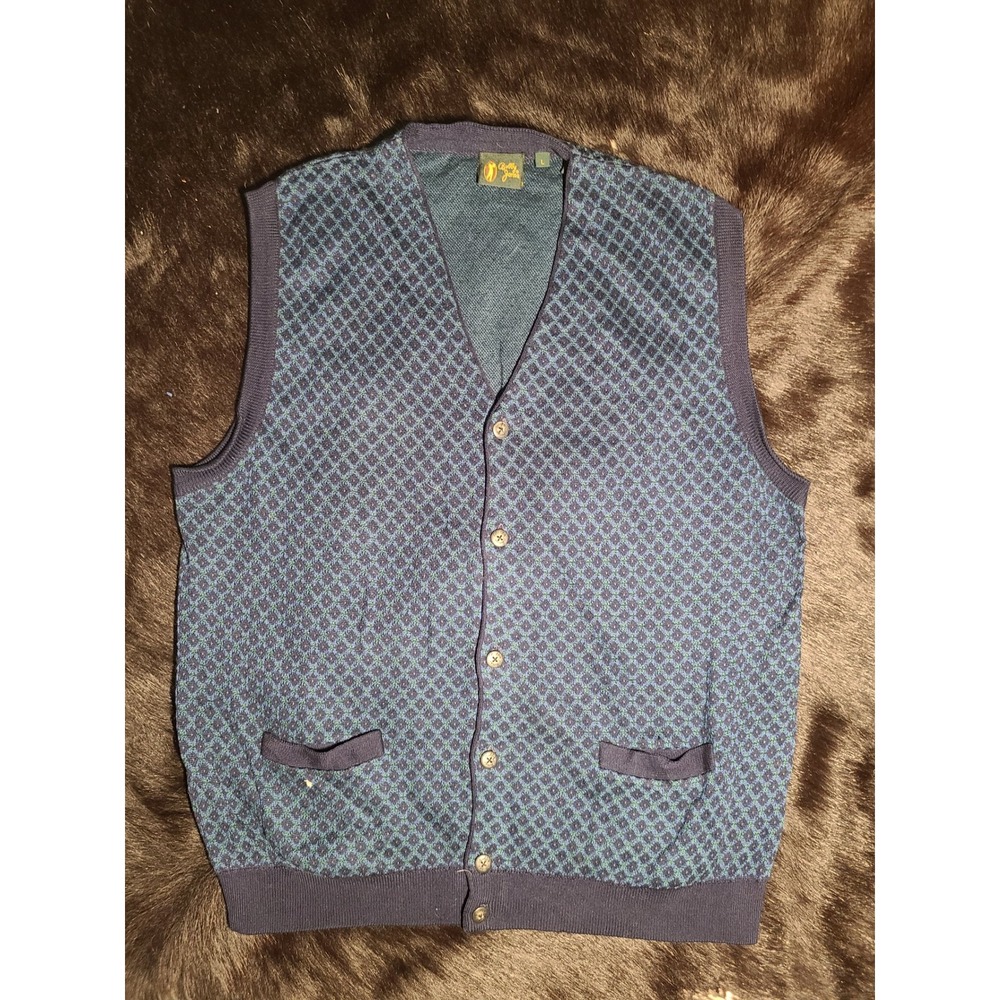 Bobby Jones Sweater Vest Mens Large Blue Diamond Knit Button Front Golf Vtg
